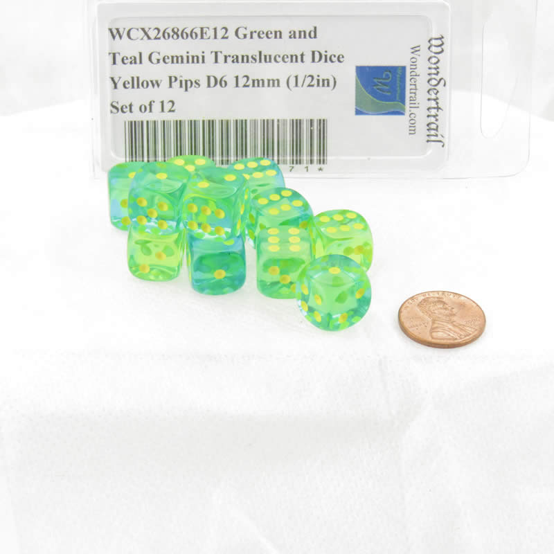 WCX26866E12 Green and Teal Gemini Translucent Dice Yellow Pips D6 12mm (1/2in) Set of 12 2nd Image