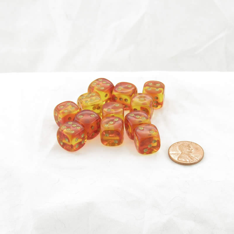 WCX26868E12 Red and Yellow Gemini Translucent Dice Gold Colored Pips D6 12mm (1/2in) Set of 12 Main Image