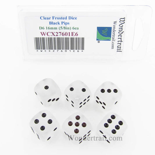WCX27601E6 Clear Frosted Dice Black Pips 16mm (5/8in) D6 Set of 6 Main Image