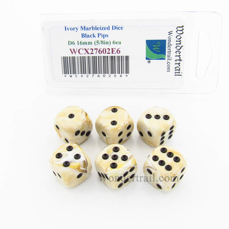 WCX27602E6 Ivory Marbleized Dice Black Pips 16mm D6 Set of 6 Main Image