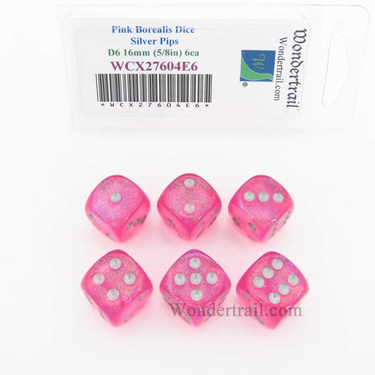WCX27604E6 Pink Borealis Dice Silver Pips 16mm (5/8in) D6 Set of 6 Main Image