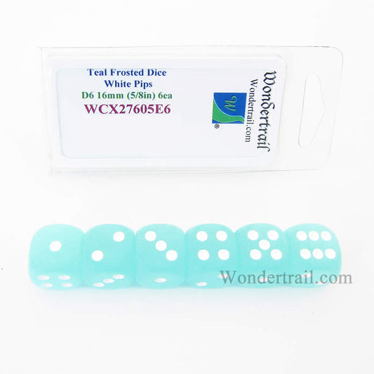 WCX27605E6 Teal Frosted Dice White Pips 16mm (5/8in) D6 Set of 6 Main Image