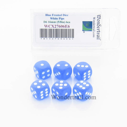 WCX27606E6 Blue Frosted Dice White Pips 16mm (5/8in) D6 Set of 6 Main Image