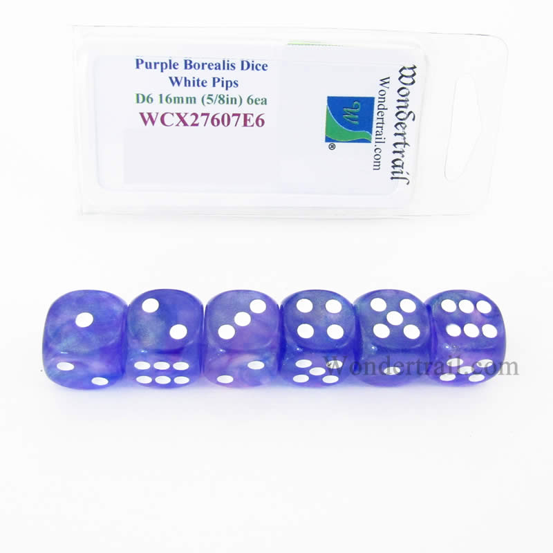 WCX27607E6 Purple Borealis Dice White Pips 16mm D6 Set of 6 Main Image