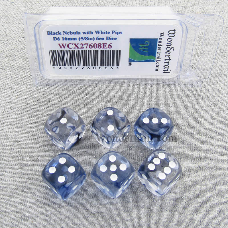 WCX27608E6 Black Nebula Dice White Pips 16mm (5/8in) D6 Set of 6 Main Image