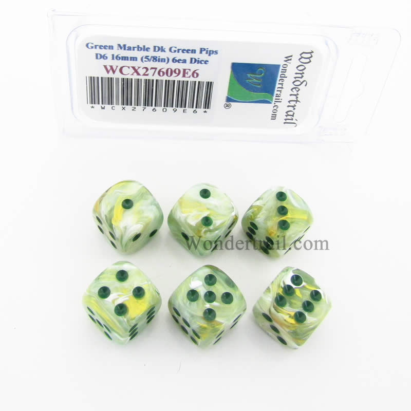 WCX27609E6 Green Marble Dice Dark Green Pips 16mm D6 Set of 6 Main Image