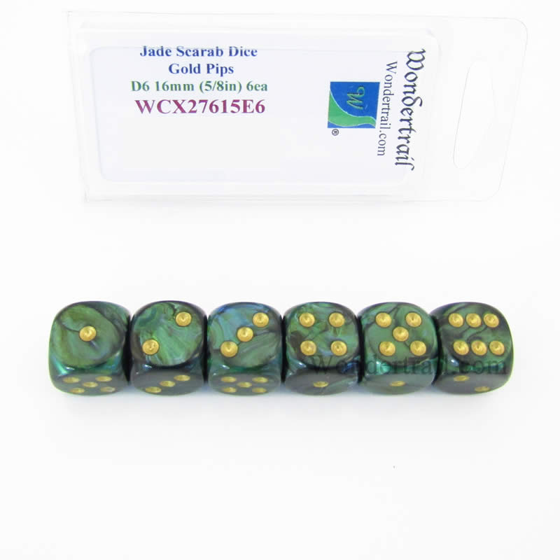 WCX27615E6 Jade Scarab Dice Gold Pips 16mm (5/8in) D6 Set of 6 Main Image