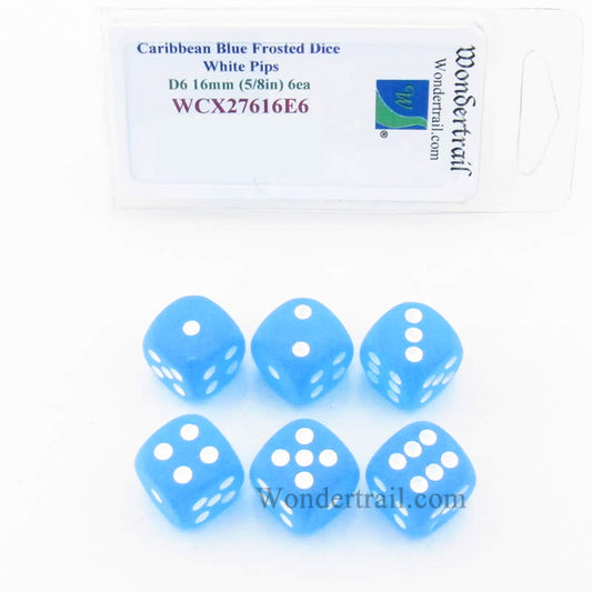 WCX27616E6 Caribbean Blue Frosted Dice Gold White 16mm (5/8in) D6 Set of 6 Main Image
