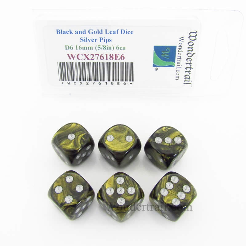 WCX27618E6 Black Gold Leaf Dice Silver Pips 16mm D6 Set of 6 Main Image