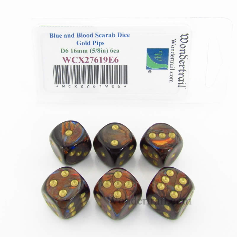 WCX27619E6 Blue Blood Scarab Dice Gold Pips 16mm D6 Set of 6 Main Image