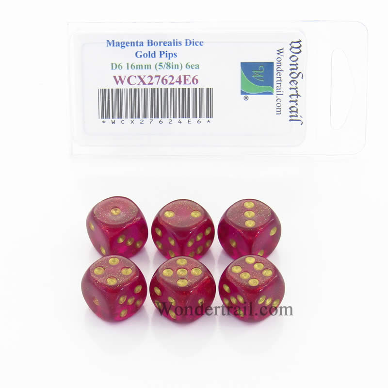 WCX27624E6 Magenta Borealis Dice Gold Pips 16mm D6 Set of 6 Main Image