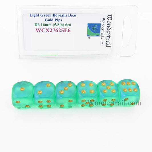 WCX27625E6 Light Green Borealis Dice Gold Pips 16mm D6 Set of 6 Main Image