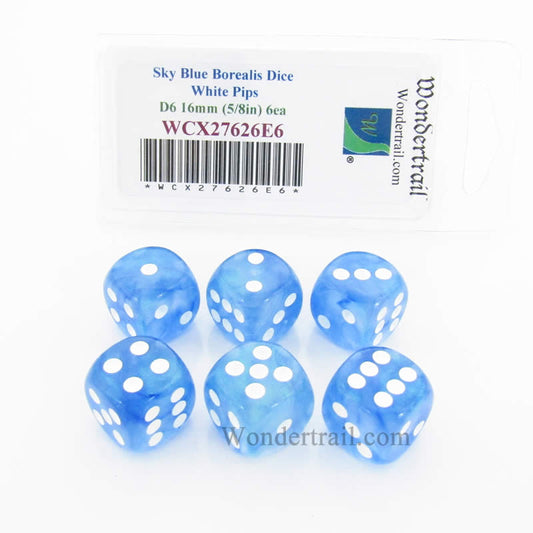 WCX27626E6 Sky Blue Borealis Dice White Pips 16mm D6 Set of 6 Main Image