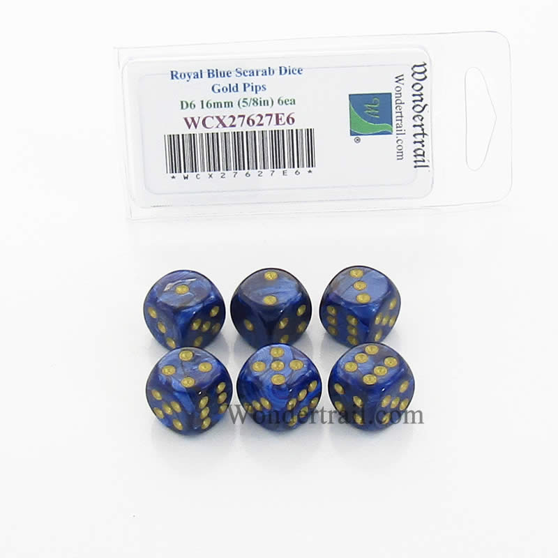 2) Scarab 16mm W/Pips Royal Blue / Gold D6 Dice