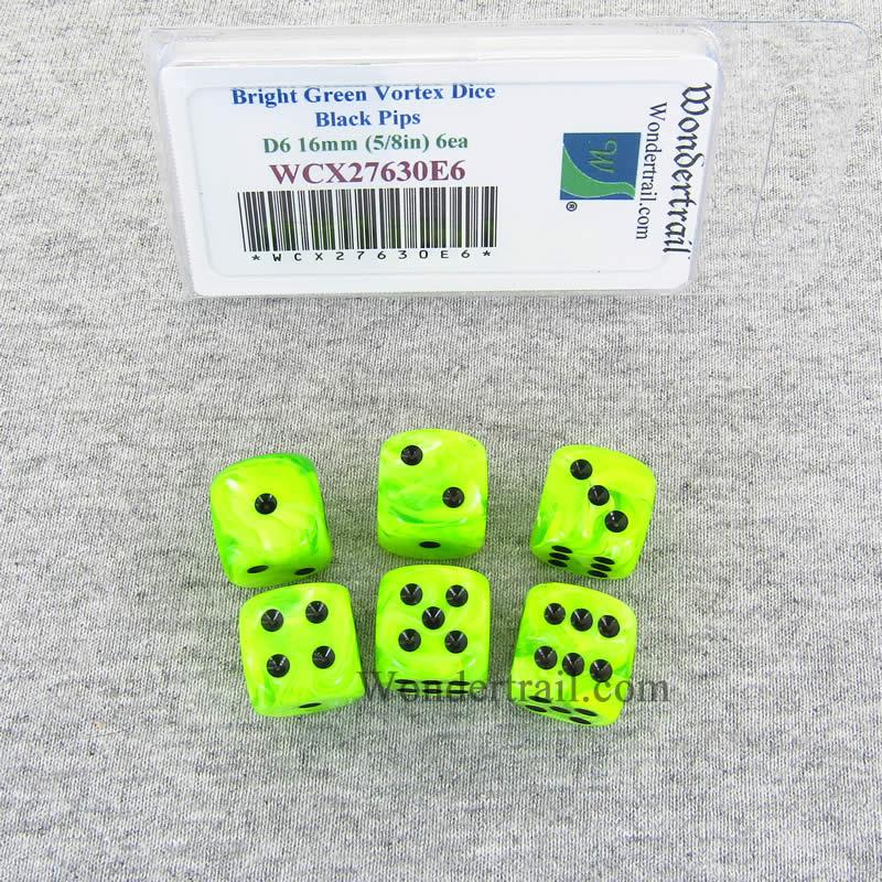 WCX27630E6 Bright Green Vortex Dice Black Pips 16mm D6 Set of 6 Main Image