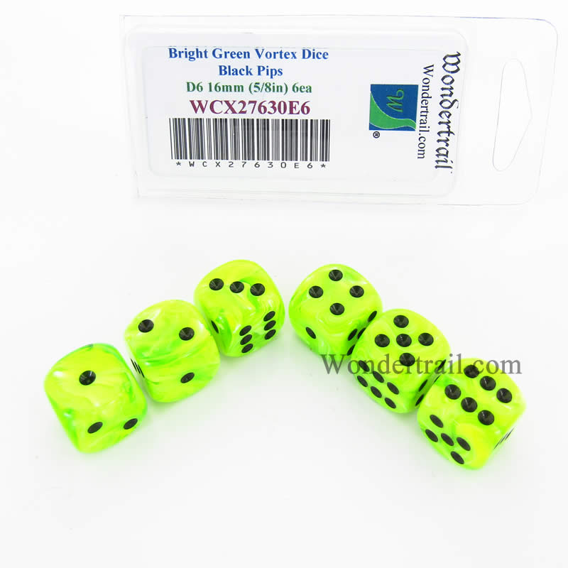 WCX27630E6 Bright Green Vortex Dice Black Pips 16mm D6 Set of 6 2nd Image