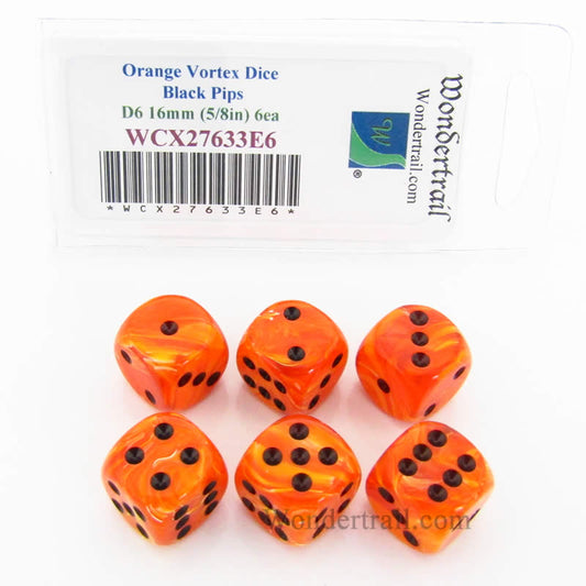 WCX27633E6 Orange Vortex Dice Black Pips 16mm (5/8in) D6 Set of 6 Main Image