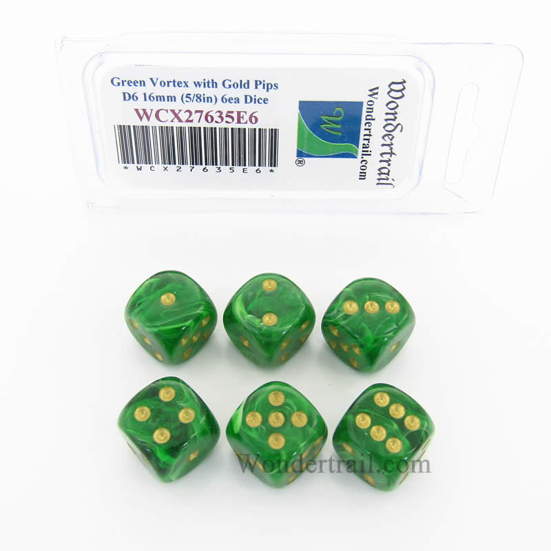 WCX27635E6 Green Vortex Dice Gold Pips 16mm (5/8in) D6 Set of 6 Main Image