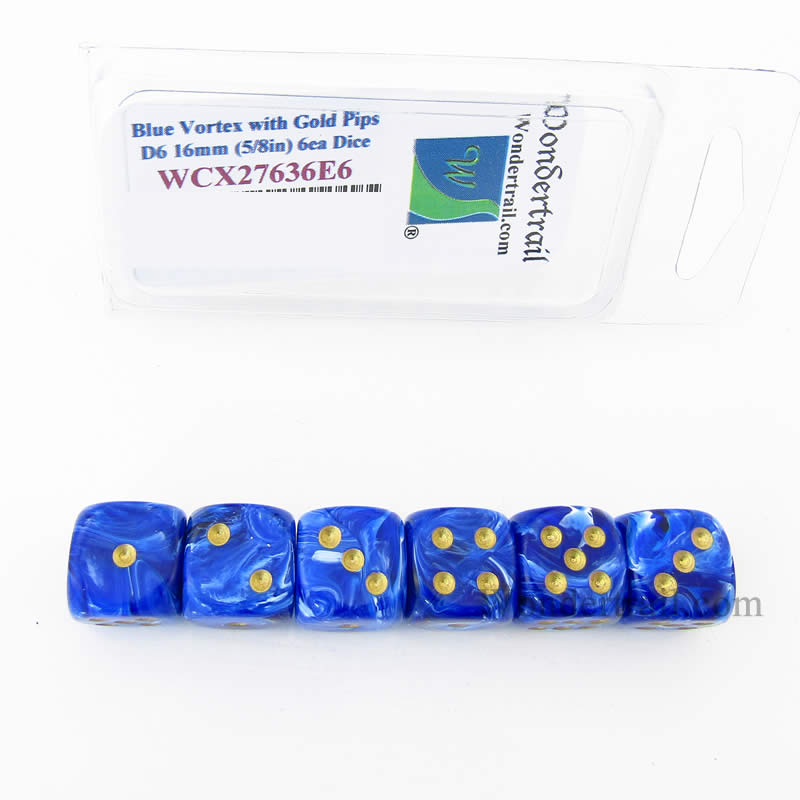 WCX27636E6 Blue Vortex Dice Gold Pips 16mm (5/8in) D6 Set of 6 Main Image