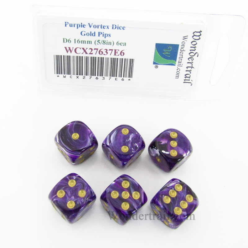 WCX27637E6 Purple Vortex Dice Gold Pips 16mm (5/8in) D6 Set of 6 Main Image