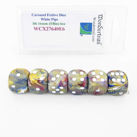 WCX27640E6 Carousel Festive Dice White Pips 16mm D6 Set of 6 Main Image