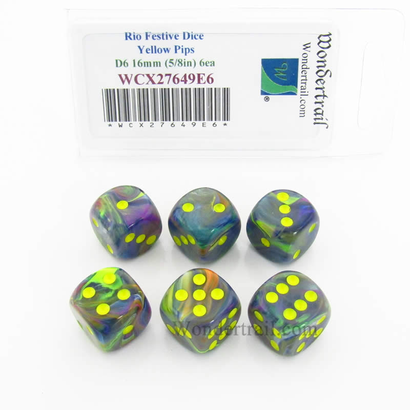 WCX27649E6 Rio Festive Dice Yellow Pips 16mm (5/8in) D6 Set of 6 Main Image