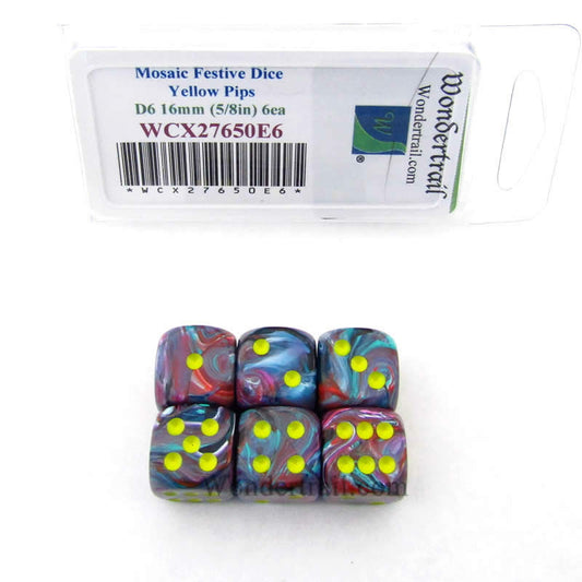 WCX27650E6 Mosaic Festive Dice Yellow Pips 16mm (5/8in) D6 Set of 6 Main Image