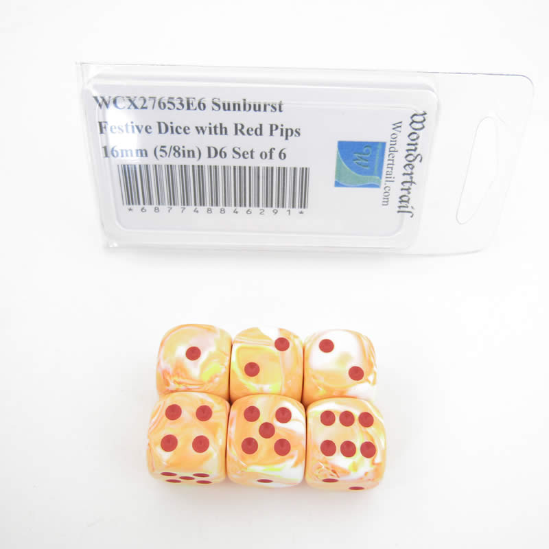 WCX27653E6 Sunburst Festive Dice with Red Pips 16mm (5/8in) D6 Set of 6 Main Image