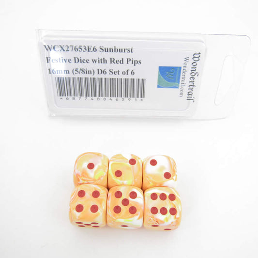 WCX27653E6 Sunburst Festive Dice with Red Pips 16mm (5/8in) D6 Set of 6 Main Image