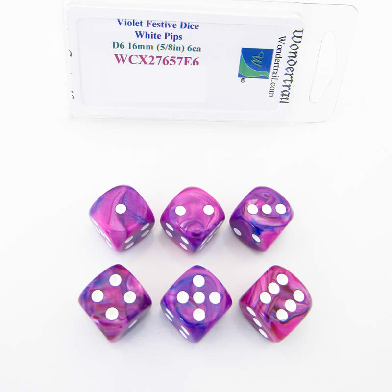 WCX27657E6 Violet Festive Dice White Pips 16mm (5/8in) D6 Set of 6 Main Image