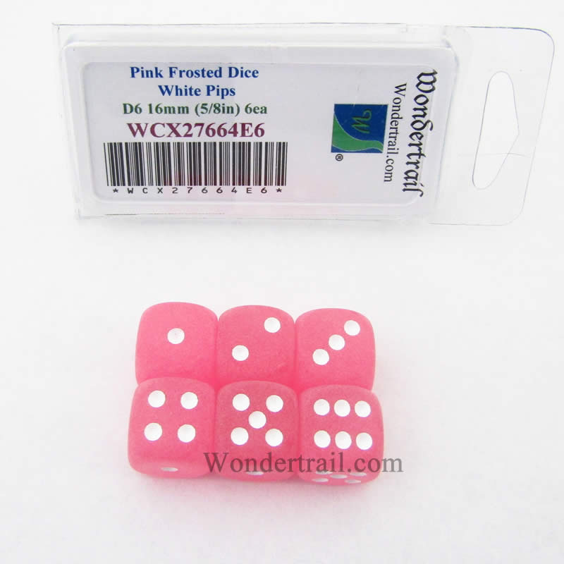 WCX27664E6 Pink Frosted Dice White Pips 16mm (5/8in) D6 Set of 6 Main Image