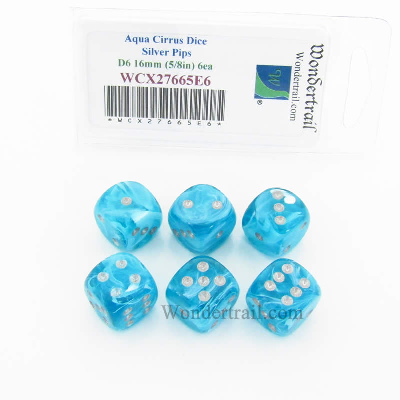 WCX27665E6 Aqua Cirrus Dice with Silver Pips 16mm (5/8in) D6 Set of 6 Main Image