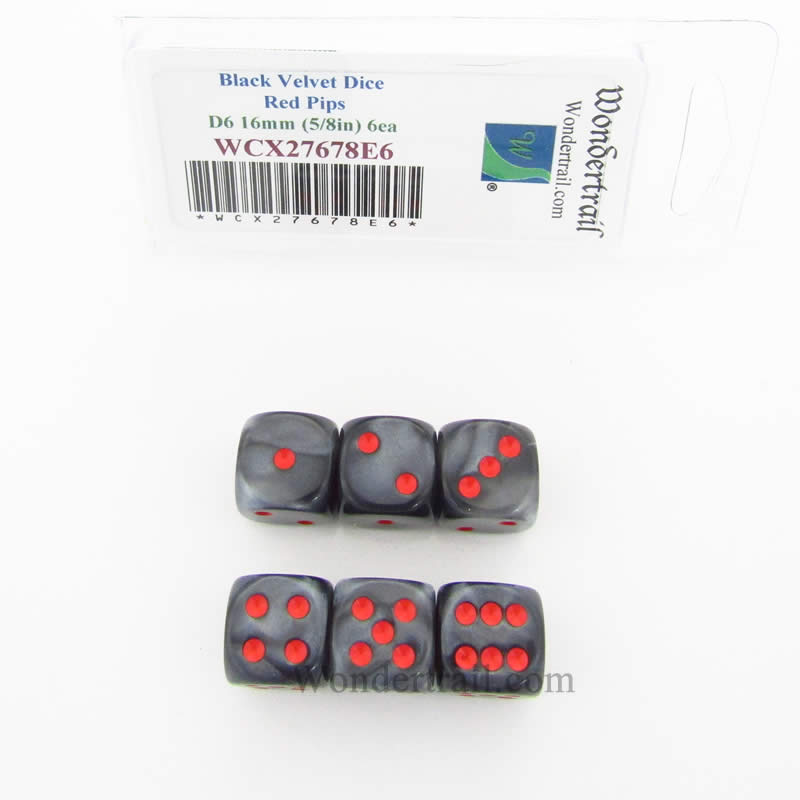 WCX27678E6 Black Velvet Dice Red Pips 16mm (5/8in) D6 Set of 6 Main Image