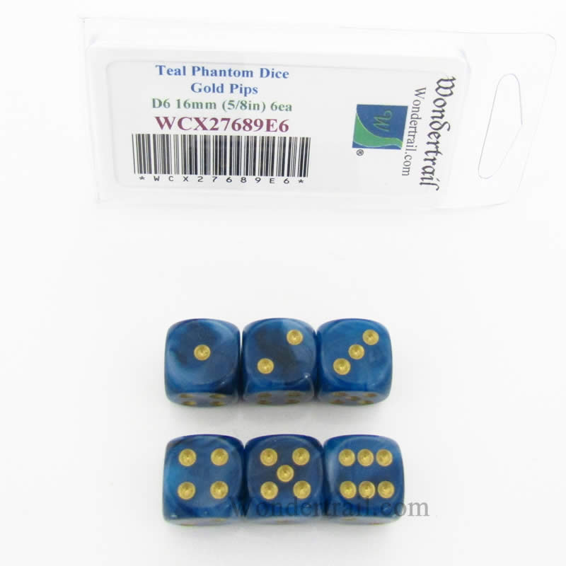 WCX27689E6 Teal Phantom Dice Gold Pips 16mm (5/8in) D6 Set of 6 Main Image