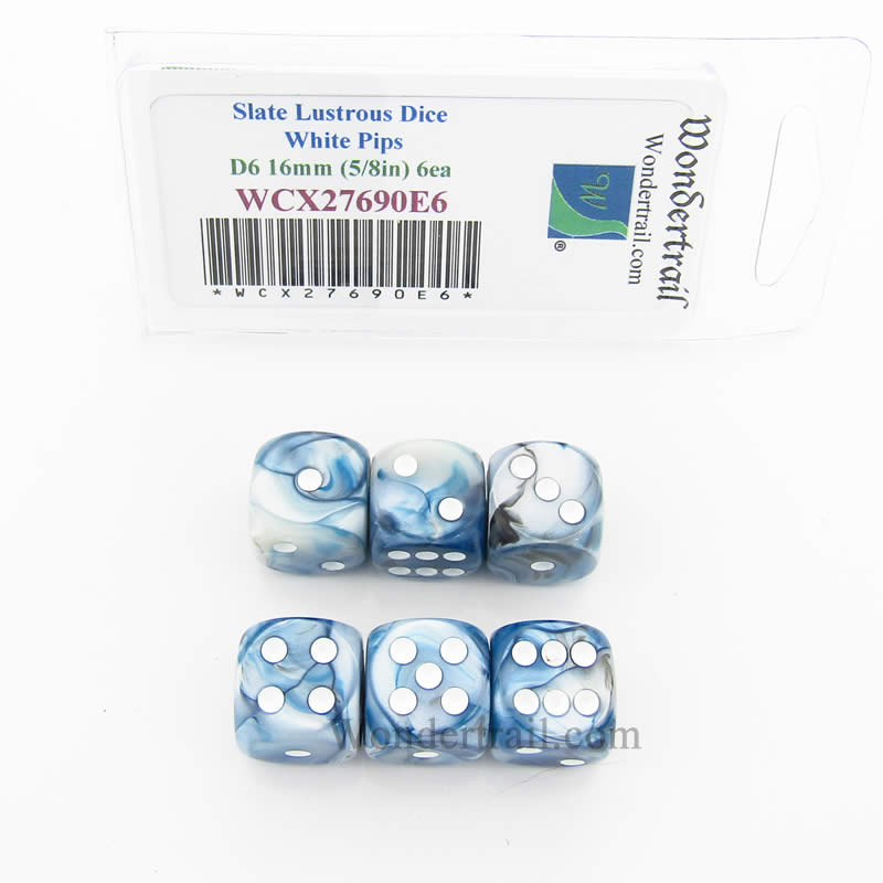 WCX27690E6 Slate Lustrous Dice White Pips 16mm (5/8in) D6 Set of 6 Main Image