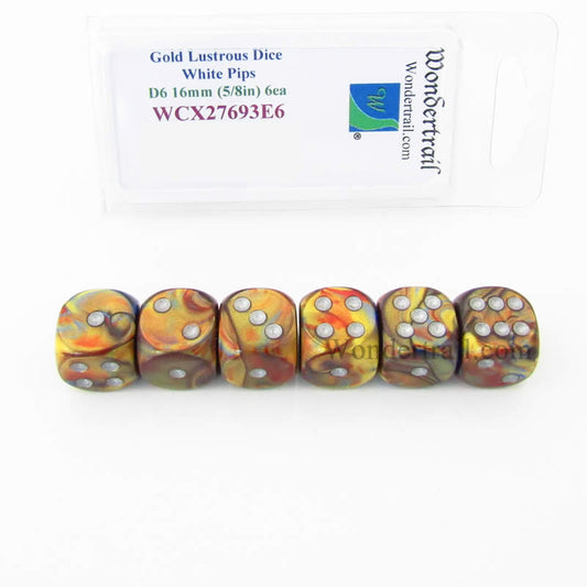 WCX27693E6 Gold Lustrous Dice White Pips 16mm (5/8in) D6 Set of 6 Main Image