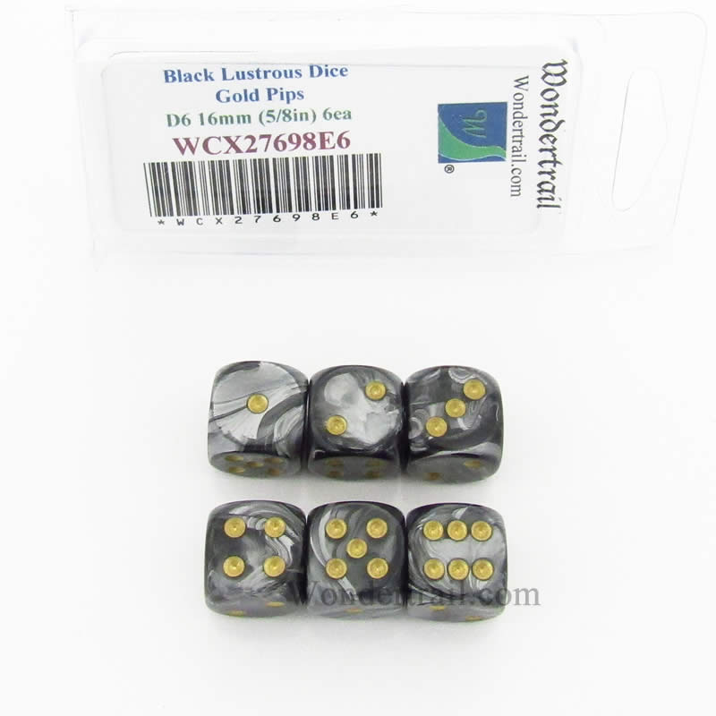 WCX27698E6 Black Lustrous Dice with Gold Pips 16mm (5/8in) D6 Set of 6 Main Image