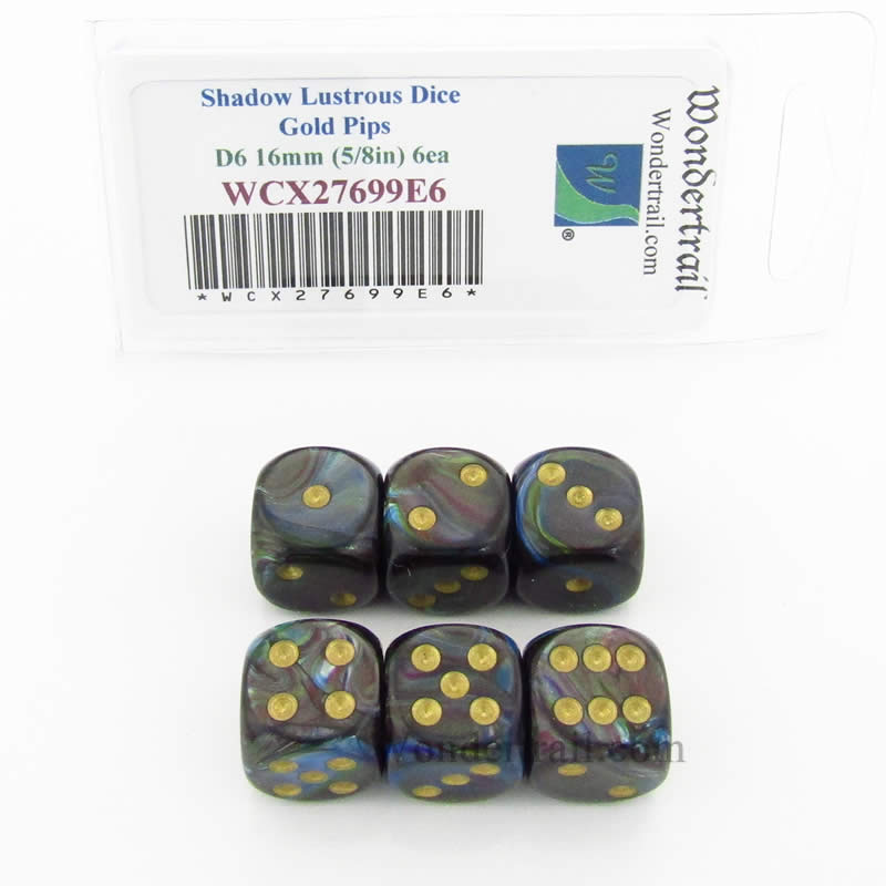 WCX27699E6 Shadow Lustrous Dice Gold Pips 16mm D6 Set of 6 Main Image