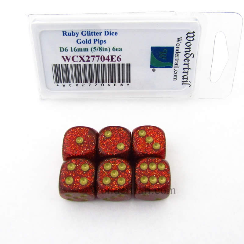 WCX27704E6 Ruby Glitter Dice with Gold Pips 16mm (5/8in) D6 Set of 6 Main Image