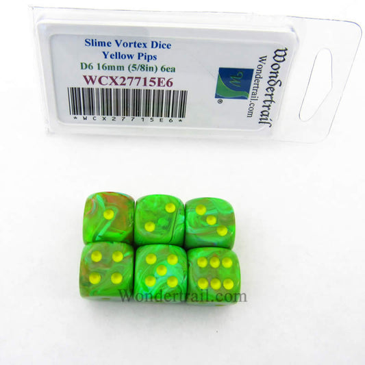 WCX27715E6 Slime Vortex Dice Yellow Pips 16mm (5/8in) D6 Set of 6 Main Image