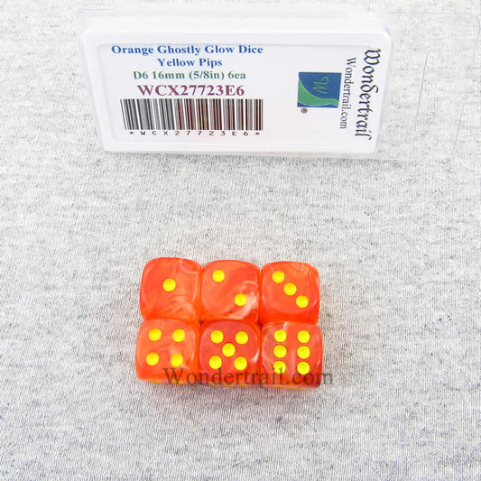 WCX27723E6 Orange Ghostly Glow Dice Yellow Pips 16mm D6 Set of 6 Main Image