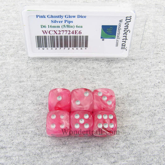 WCX27724E6 Pink Ghostly Glow Dice Silver Pips 16mm D6 Set of 6 Main Image