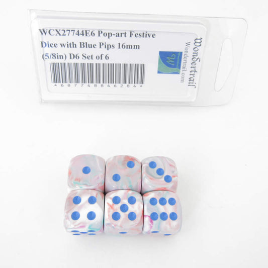 WCX27744E6 Pop-art Festive Dice with Blue Pips 16mm (5/8in) D6 Set of 6 Main Image