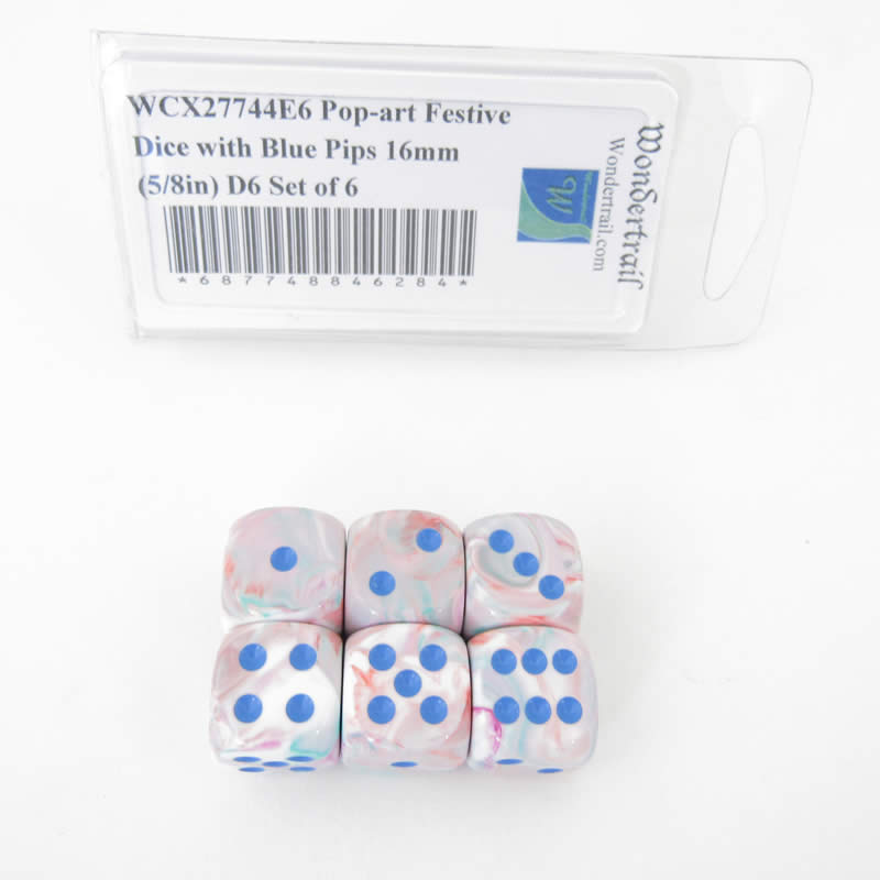 WCX27744E6 Pop-art Festive Dice with Blue Pips 16mm (5/8in) D6 Set of 6 Main Image