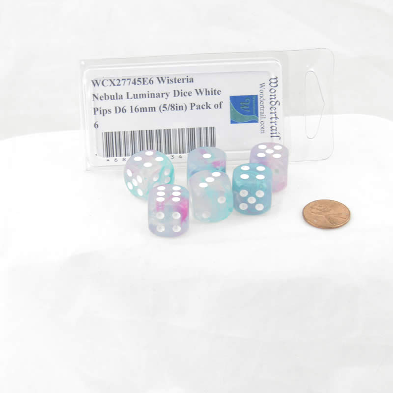 WCX27745E6 Wisteria Nebula Luminary Dice White Pips D6 16mm (5/8in) Pack of 6 2nd Image