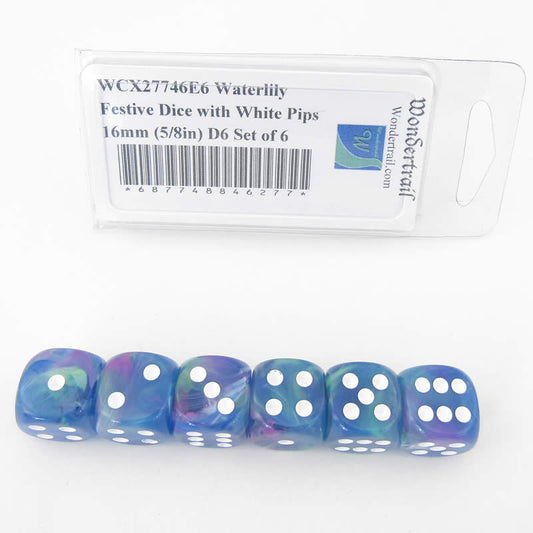WCX27746E6 Waterlily Festive Dice with White Pips 16mm (5/8in) D6 Set of 6 Main Image