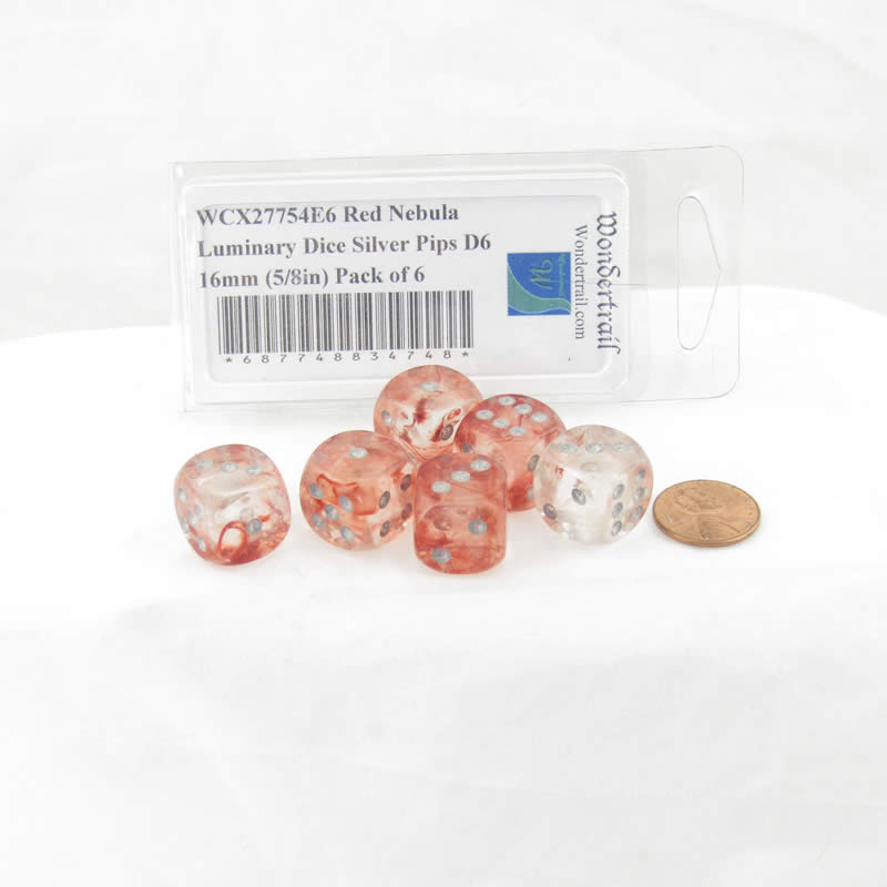 WCX27754E6 Red Nebula Luminary Dice Silver Pips D6 16mm (5/8in) Pack of 6 2nd Image