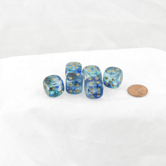 WCX27756E6 Oceanic Nebula Luminary Dice Gold Pips D6 16mm (5/8in) Pack of 6 Main Image