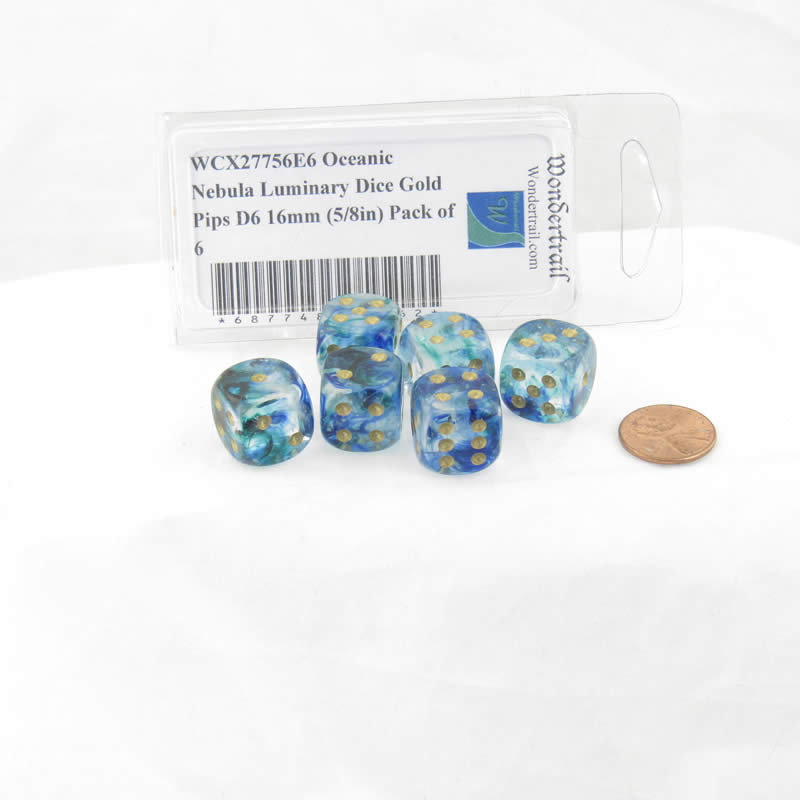 WCX27756E6 Oceanic Nebula Luminary Dice Gold Pips D6 16mm (5/8in) Pack of 6 2nd Image