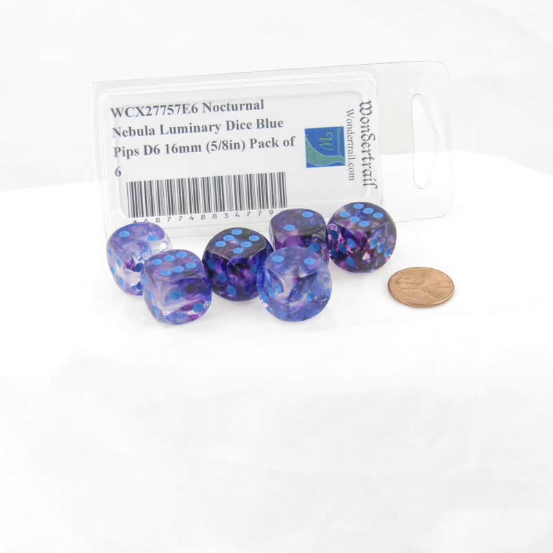 WCX27757E6 Nocturnal Nebula Luminary Dice Blue Pips D6 16mm (5/8in) Pack of 6 2nd Image